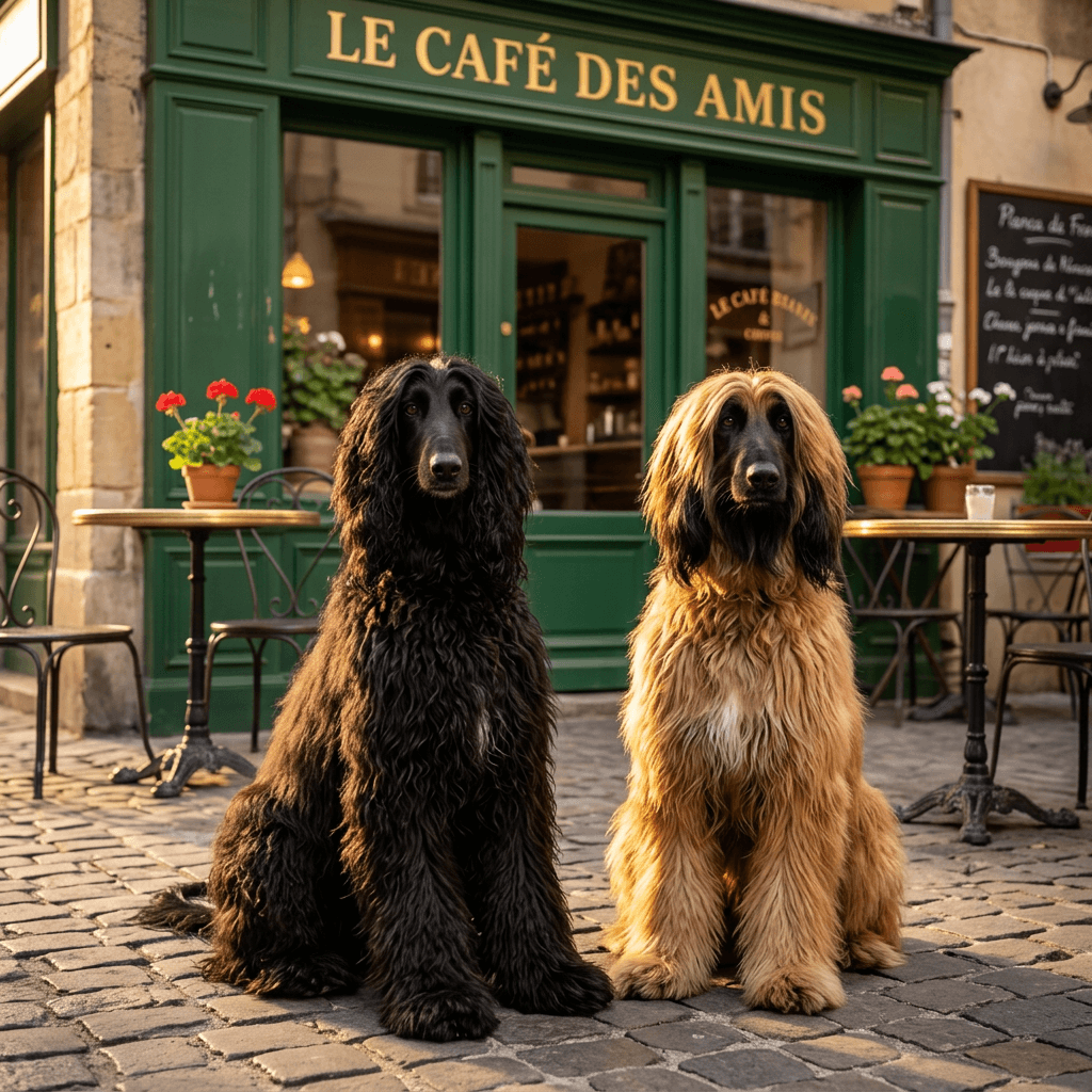 Two Afghan Hounds outside a European cafe
